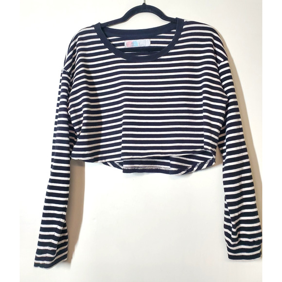 Free People Women’s Medium Black & White Striped Crop Top Long Sleeve Cotton - Picture 9 of 9